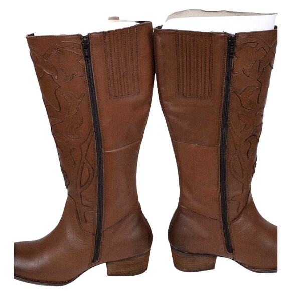 Roan Ellia Tan Brown Floral Top Stiched Tall Leather Western Cowboy Boots 7.5 - Picture 5 of 10
